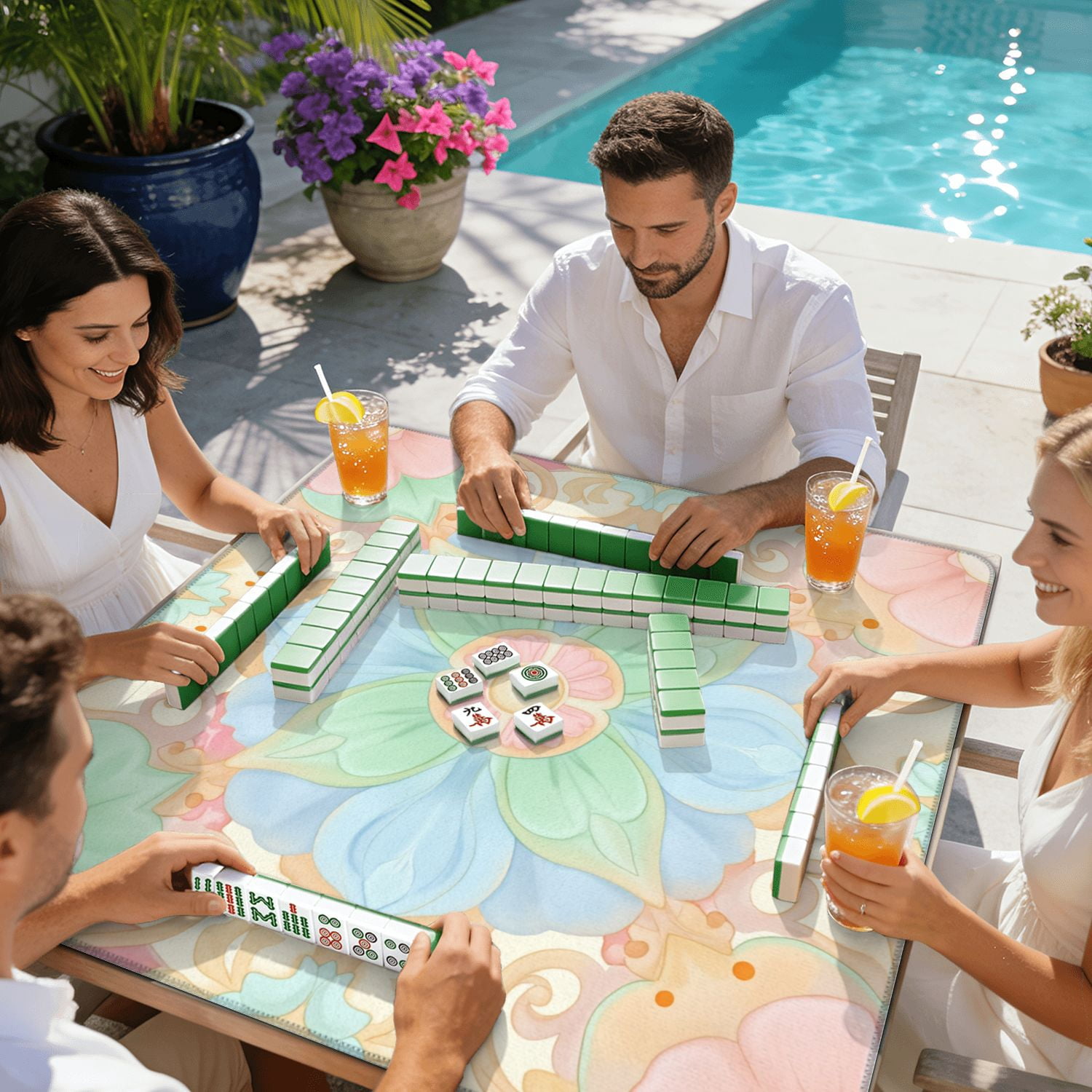 Mahjong Mat 31.5" x 31.5" Soft Pastel Floral Mandala Light Blue Pink Green Hues Non-Slip Noise Reduction American Mahjong Tiles Table Cover for Dominoes Poker Card Board Games Gift
