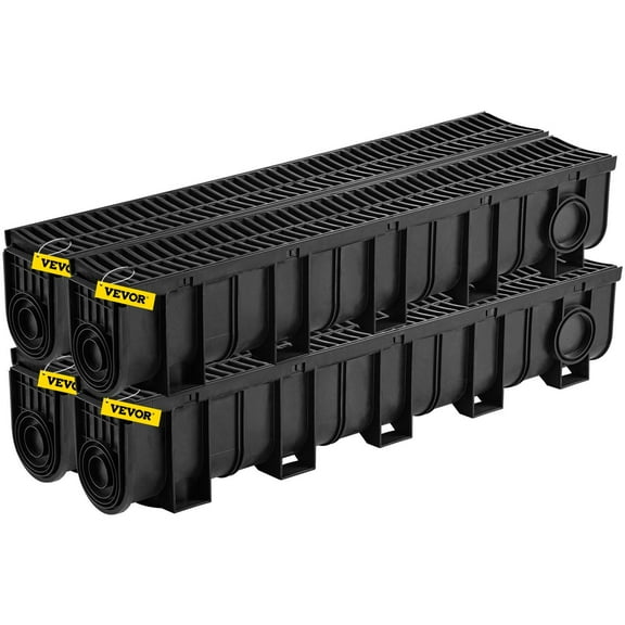 4-Pack Trench Drain System, 5.9x7.5-Inch HDPE Channel Drain with Plastic Grate, Black Garage Floor Drain for Driveway, Garden, Yard – Includes 4 End Caps