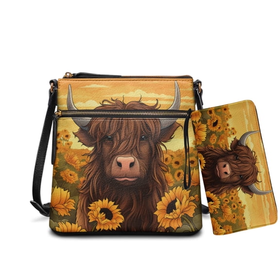 LedBack Highland Cow Print Leather Satchel Purse with Wallet Set for Women Lady, Sunflower Printed Hobo Bag Shoulder Handbag with Zipper Closure Adjustable Strap, Yellow