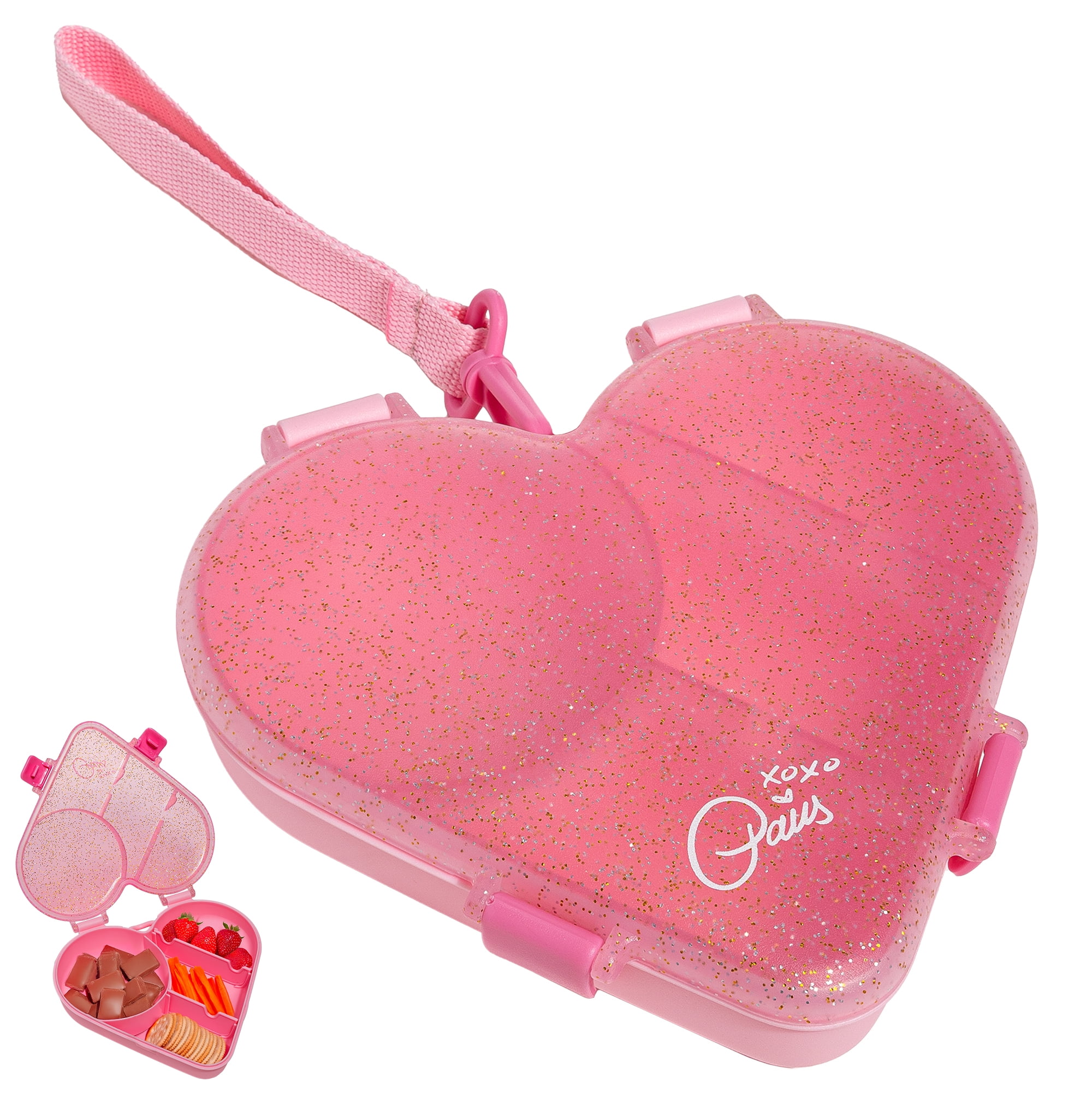 Paris Hilton Bento-Style Heart-Shaped Snack Box, Built-In Phone Stand, Removable Wrist Strap, Pink