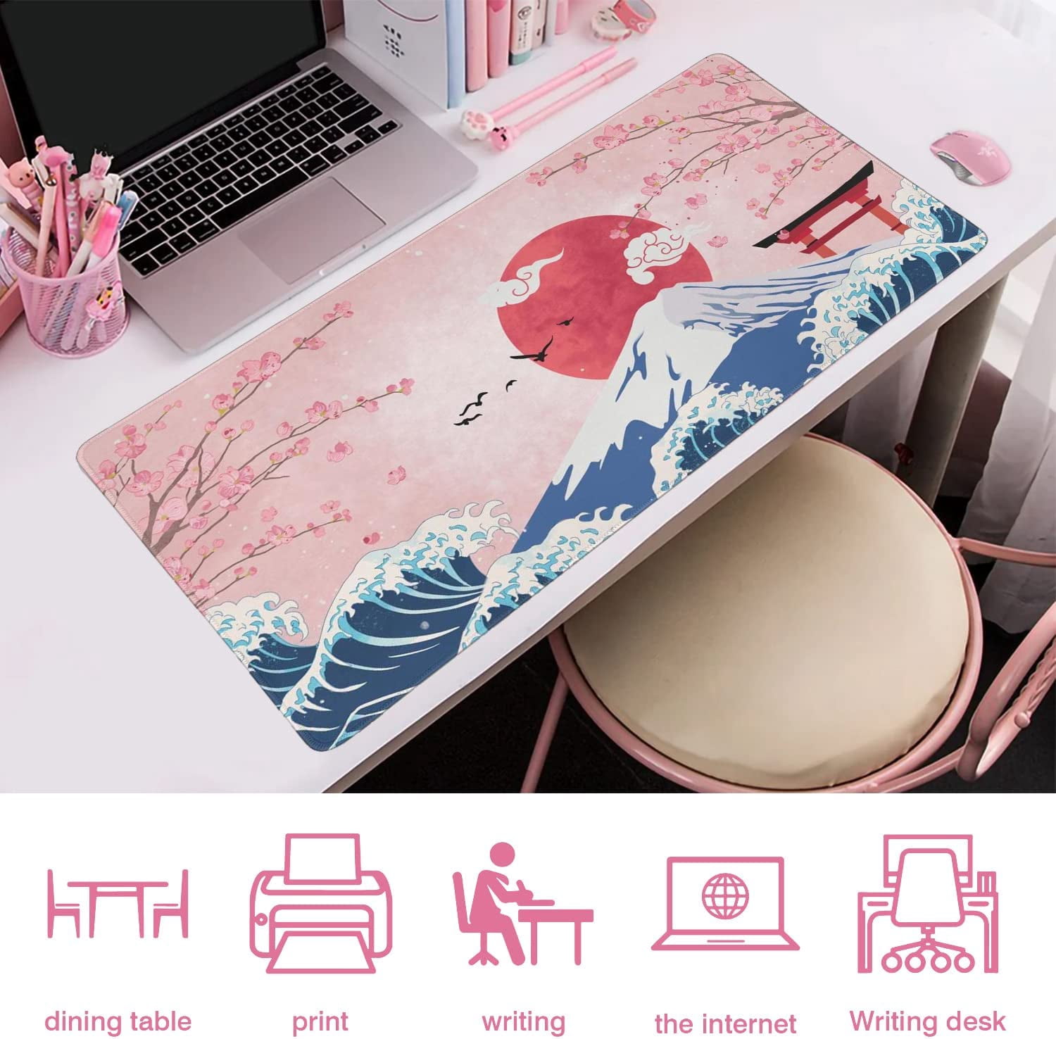 31.5x15.7in Japanese Mount Fuji Mouse Pad Large Cherry Blossom Mouse Pad Pink Mousepad No Slip Rubber Base Extended Desk Mat for Office Work Home Writing Gaming