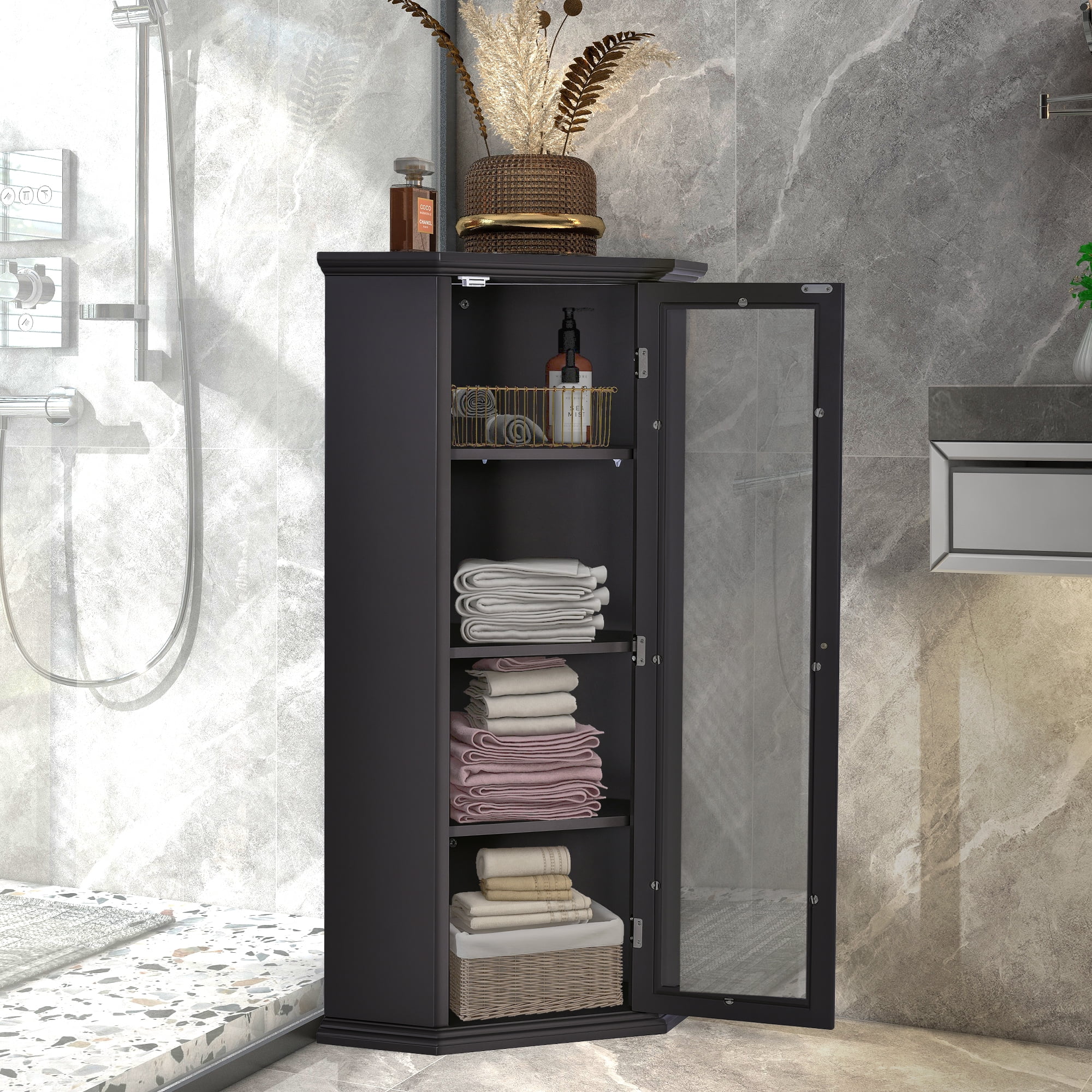 Freestanding Bathroom Cabinet with Glass Door, Corner Storage Cabinet for Bathroom, Living Room ...