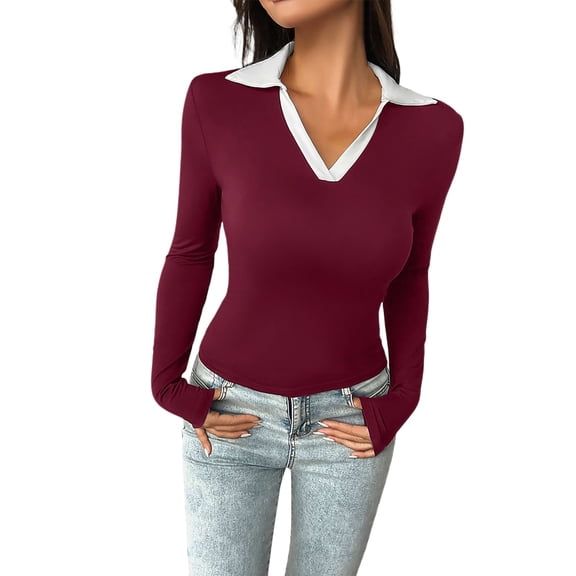 Fiaer,Women's V Neck Slim Fit T Shirts,Ladies Long Sleeve Lapel Collared Tshirts,Going out Color Blocking Tops for Women Red XL