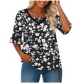 thumbnail image 4 of Odbmxy V-Neck Womens Blouse Elbow-Length Summer Women T Shirt Party Casual Black Floral Loose Flared Sleeve Button Tops, 4 of 6