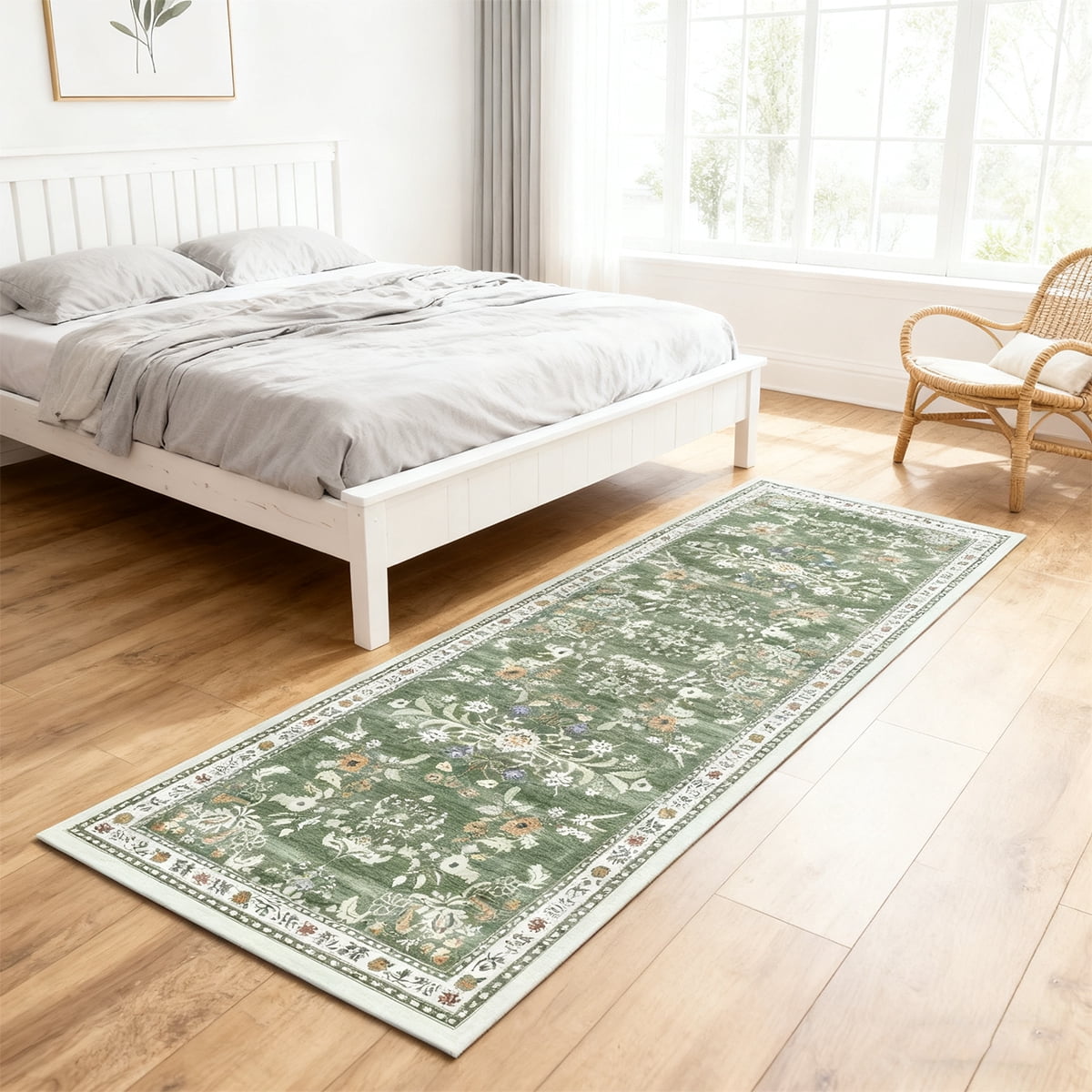 2'x8' Bohemian Style Floral Hallway Runner Rug, Non-Slip with Rubber Backing, Suitable for Kitchen, Laundry Room, Bedroom, Entryway, Green