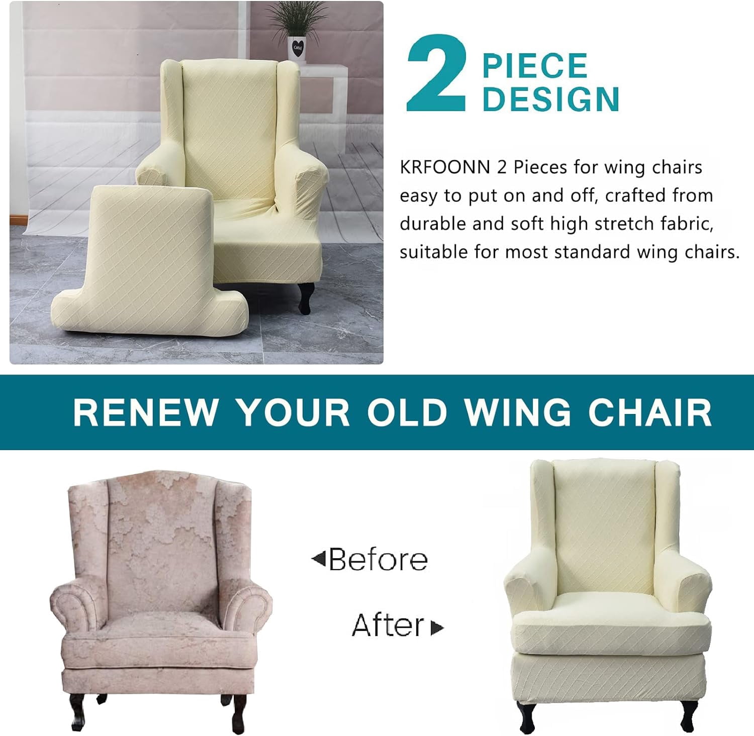CHUNTIAN Wingback Chair Covers Slipcovers 2 Piece Stretch Wing Chair Covers Spandex Slipcovers Wingback Sofa Covers Armchair Covers Non-Slip Furniture Protector for Living Room Wingback Chairs, A13