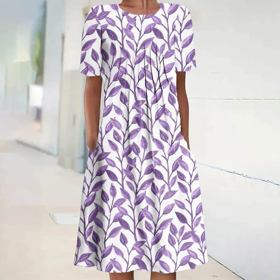 BRGZLK Summer Midi Dresses for Women Stylish Crewneck Pleated Short Sleeve Floral Print Sundress Lightweight Comfy Swing Boho Beach Dress with Pockets Purple XL