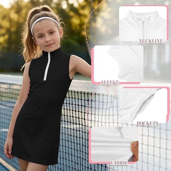 Y-Sunset Girls' Tennis Dress with 1/4-Zip, Built-in Bra & Shorts, Pockets, Quick-Dry Athletic Dress for Golf, Pickleball, Workout & Casual(Black/4-5 Years)