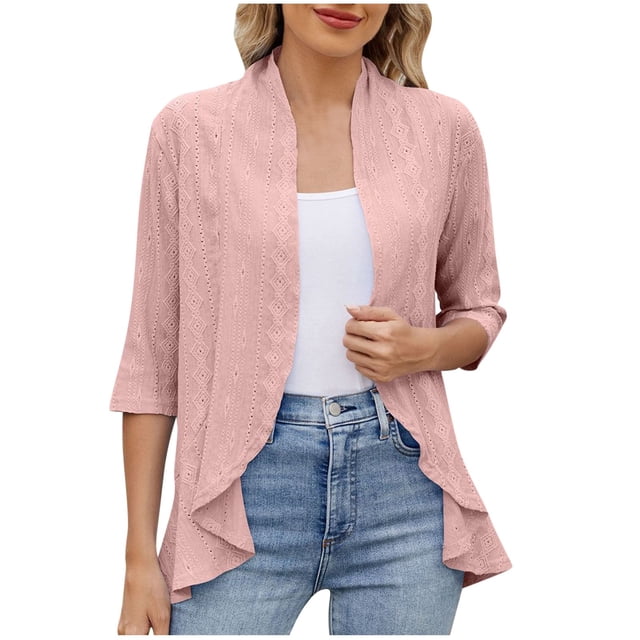 yoeyez Cardigans pour Femmes Cardigan Léger Uni Tendance pour Femmes Manches 3/4 Ouvert Couvre-Maillot Ajouré Boléros Doux Chandail Rose,P