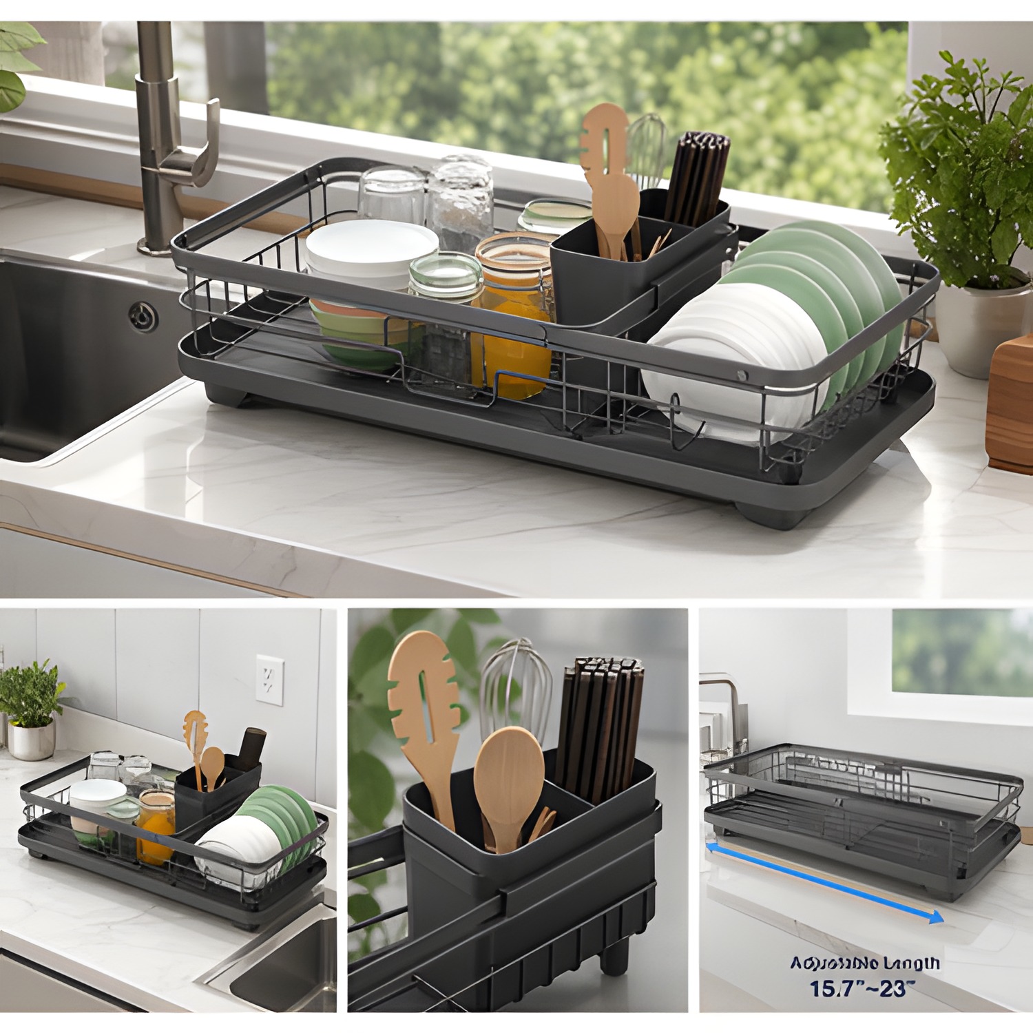 Dish Drying Rack for Kitchen Counter, Stainless Steel Sink Organization and Storage Essentials with Cutlery Holder, Home and Appartment Decor, 12.2"W x 15.7"~23"L