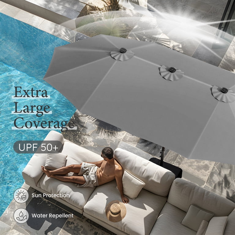 gray solar patio umbrella 13Ft Rectangular With LED Lights Vibrant Lighting Display Summit Living 15 ft Double-Sided