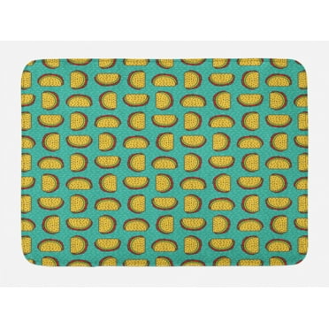 Taco Bath Mat, Mexican Dish with Tortilla Folded Veggie-Packed Yummy Doodle Taste Art, Plush Bathroom Decor Mat with Non Slip Backing, 29.5" X 17.5", Mustard Turquoise Red, by Ambesonne
