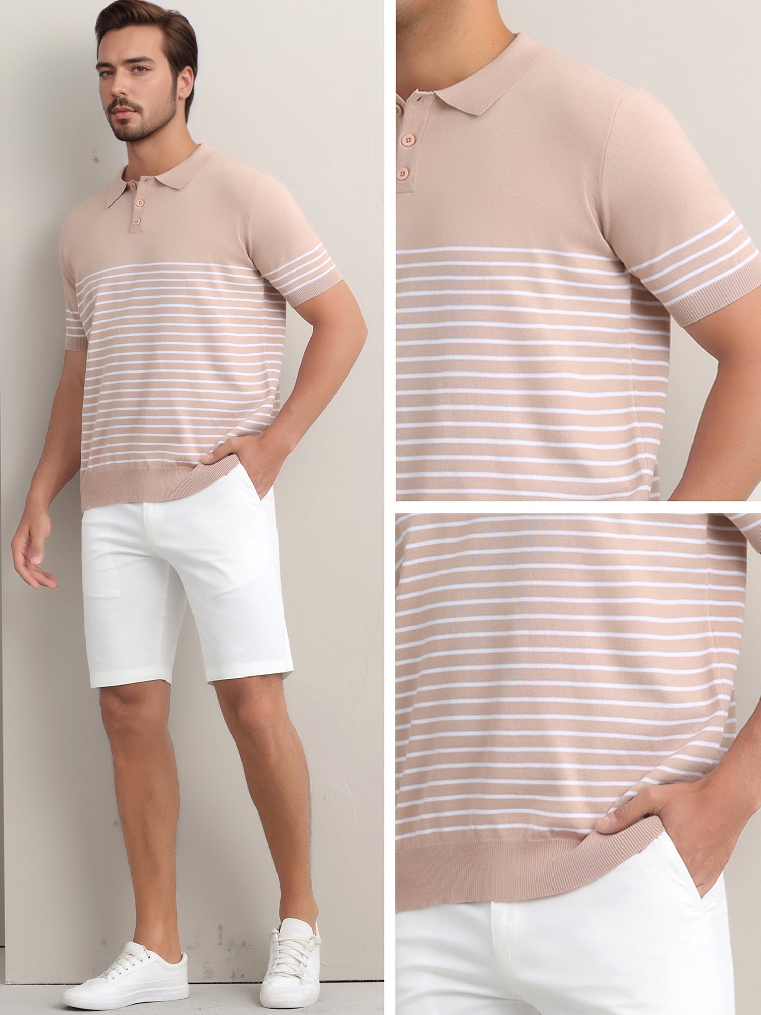 DARING DIVA Men's Knit Polo Short Sleeve Striped Golf Casual Collared T Shirt S Pink