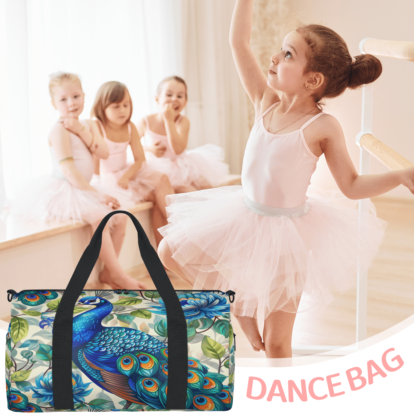 Herdesigns Peacock Travel Duffle Bag Sports Yoga Weekender Overnight Carry on Workout Bags Lightweight Waterproof Gym Tote Bag for Women Blue Beautiful Bird Flower