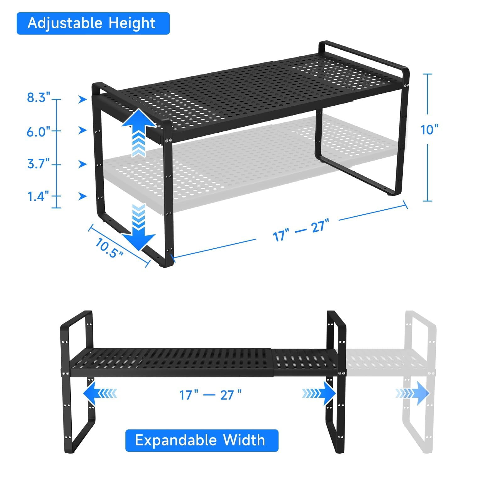 Expandable Cabinet Organizer Shelf, Stackable Shelf Riser for Kitchen Pantry Desk Cupboard Tabletop Countertop Home Office, Heavy Duty, Black Large 1 Pack