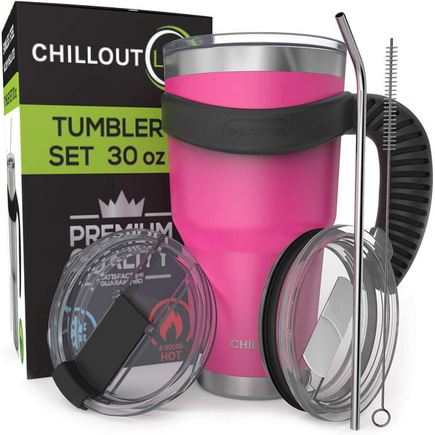 Chillout Life Stainless Steel Travel Mug with Handle 30 oz - 6 Piece Set.  Tumbler - Straw- Cleaning Brush & 2 Lids. Double Wall Insulated Large  Coffee Mug Bundle - Hot Pink Powder Coat Tumbler - Walmart.com
