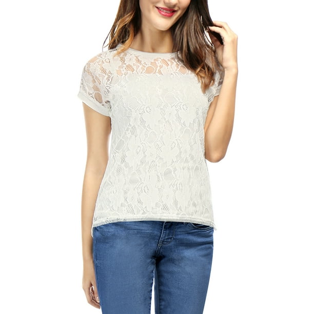 Top de encaje floral transparente con mangas cortas y dobladillo curvo transparente para mujer blanco XS