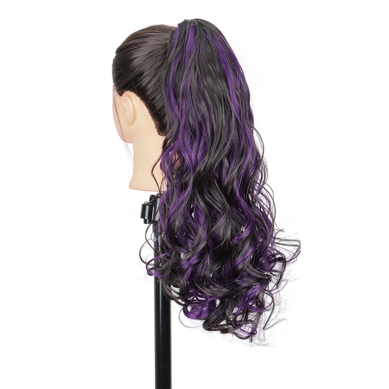 Synthetic 20Inch Long Curly Ponytail Claw Clip in Hair Extension Mixed Red Purple Hairpiece for Women