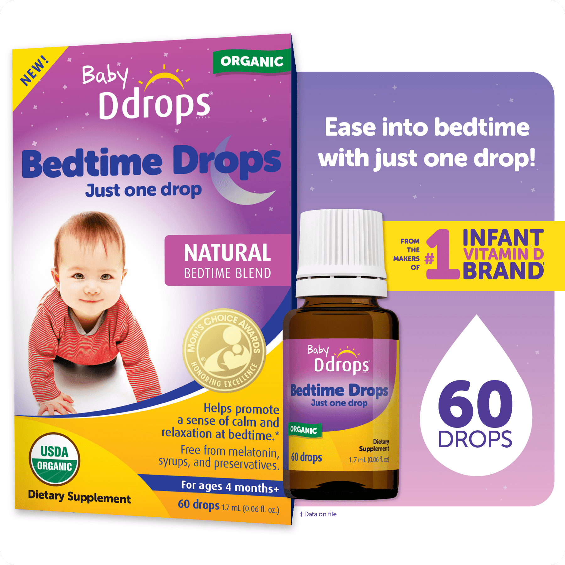 Baby Ddrops Bedtime Drops for Babies, Organic Liquid Drops for Calming Bedtime Routines, 60 Count