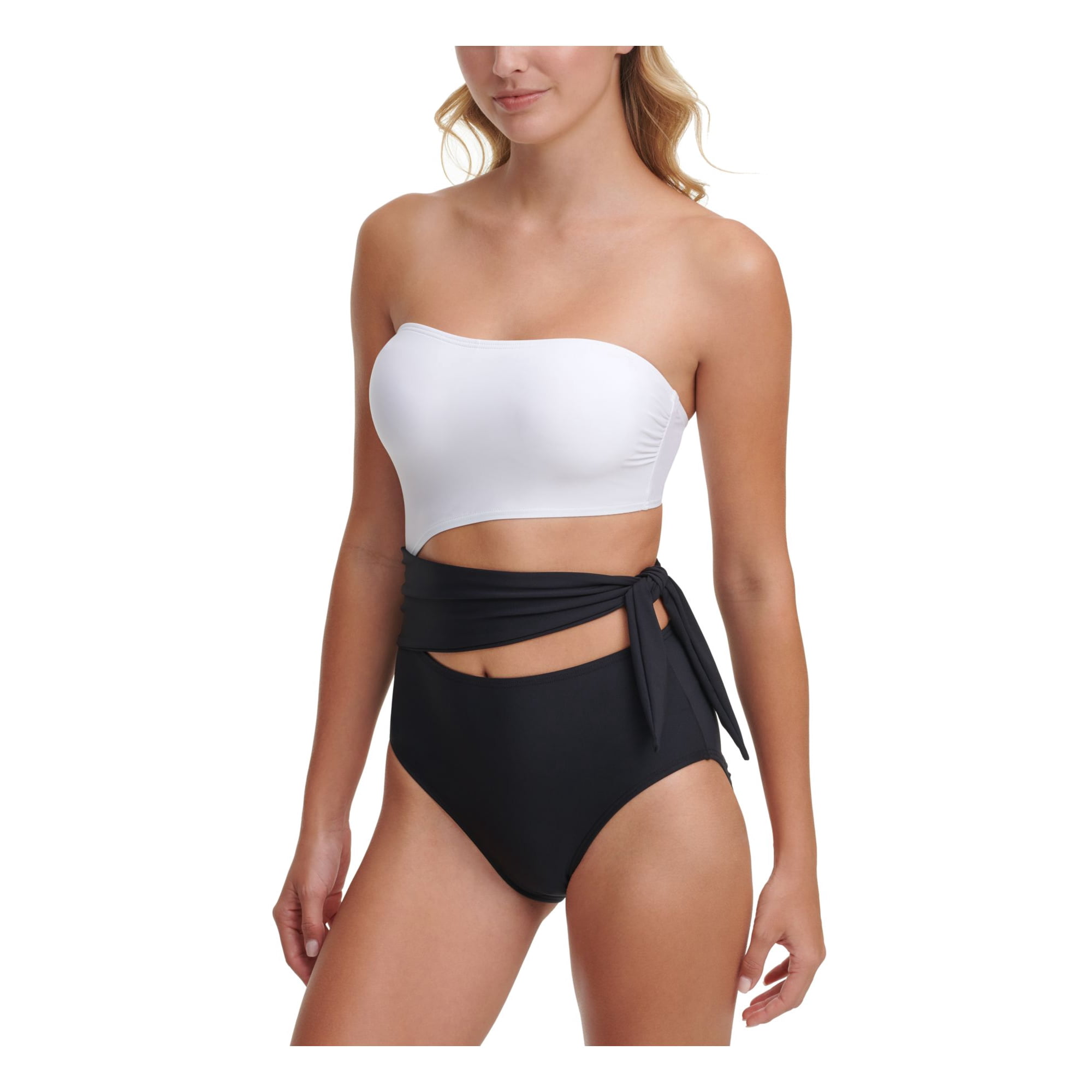 DKNY Women's White Color Block Stretch Convertible Lined Moderate Coverage Cutout Bandeau One Piece Swimsuit 8