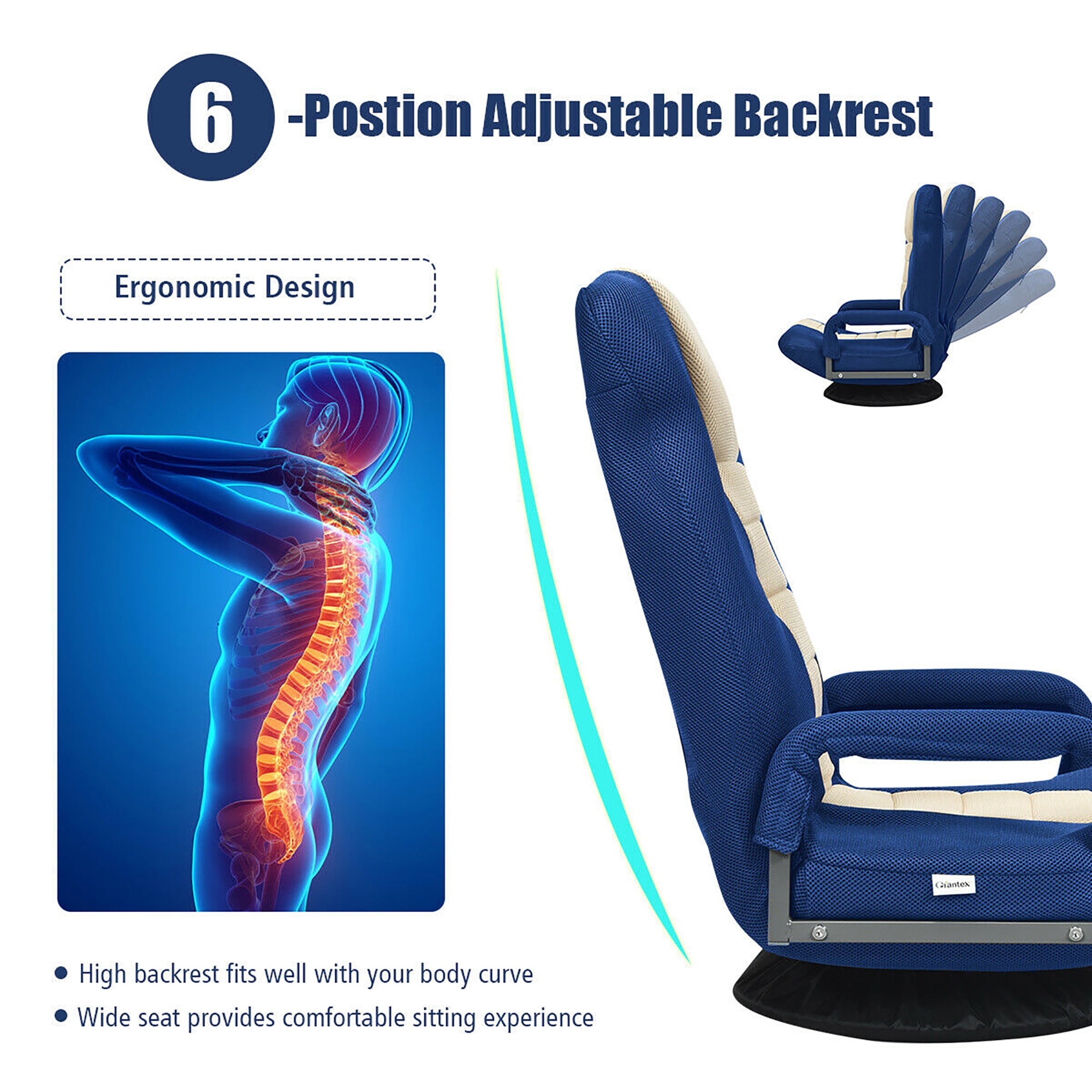 Costway 360-Degree Swivel Gaming Floor Chair with Foldable Adjustable Backrest Blue