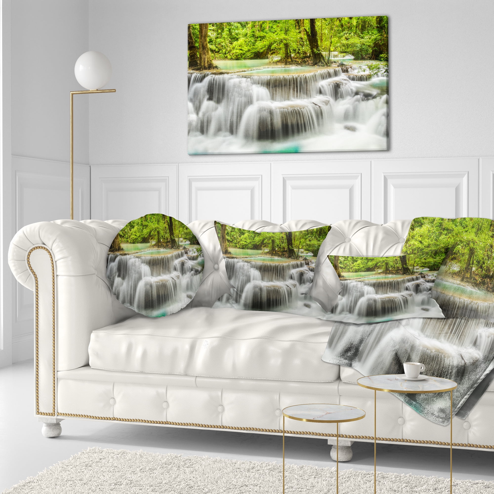 Designart Panoramic Erawan Waterfall - Landscape Photography Throw Pillow - 12x20