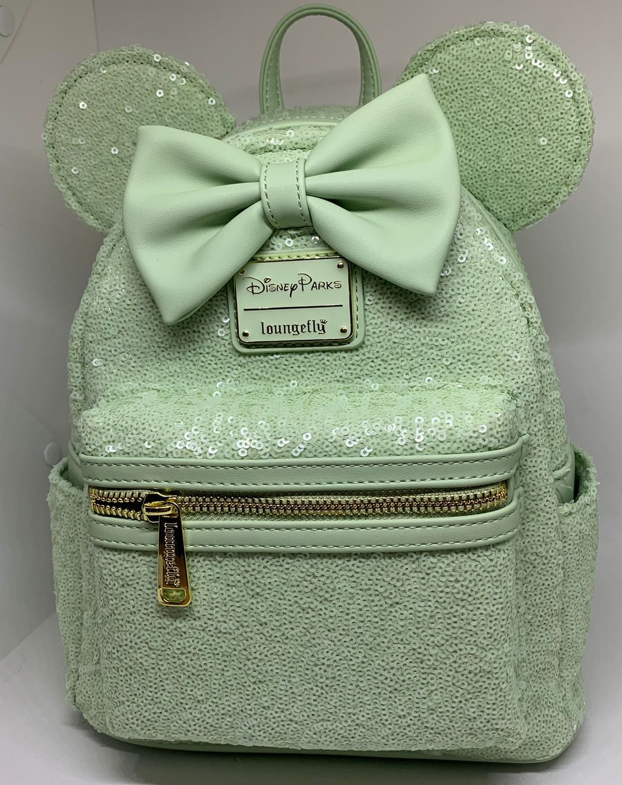 Disney Parks Loungefly Minnie Mouse Bow Mint Green Sequin Mini Backpack Wristlet 