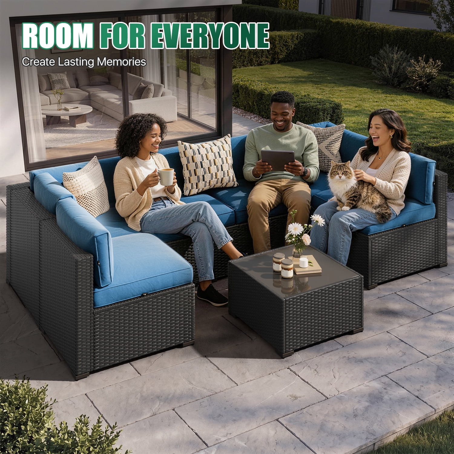 LazySunsets 7-Piece Outdoor Patio Furniture Set, Wicker Rattan Sectional Sofa Conversation Sets, Peacock Blue