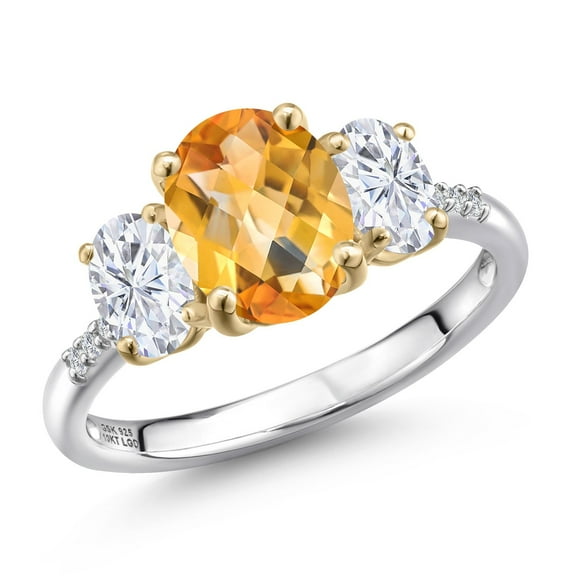 Gem Stone King 925 Silver and 10K Yellow Gold Yellow Citrine and White Moissanite and Lab Grown Diamond Engagement Ring for Women | 2.71 Cttw | Oval Checkerboard 9X7MM | November Birthstone | Size 5