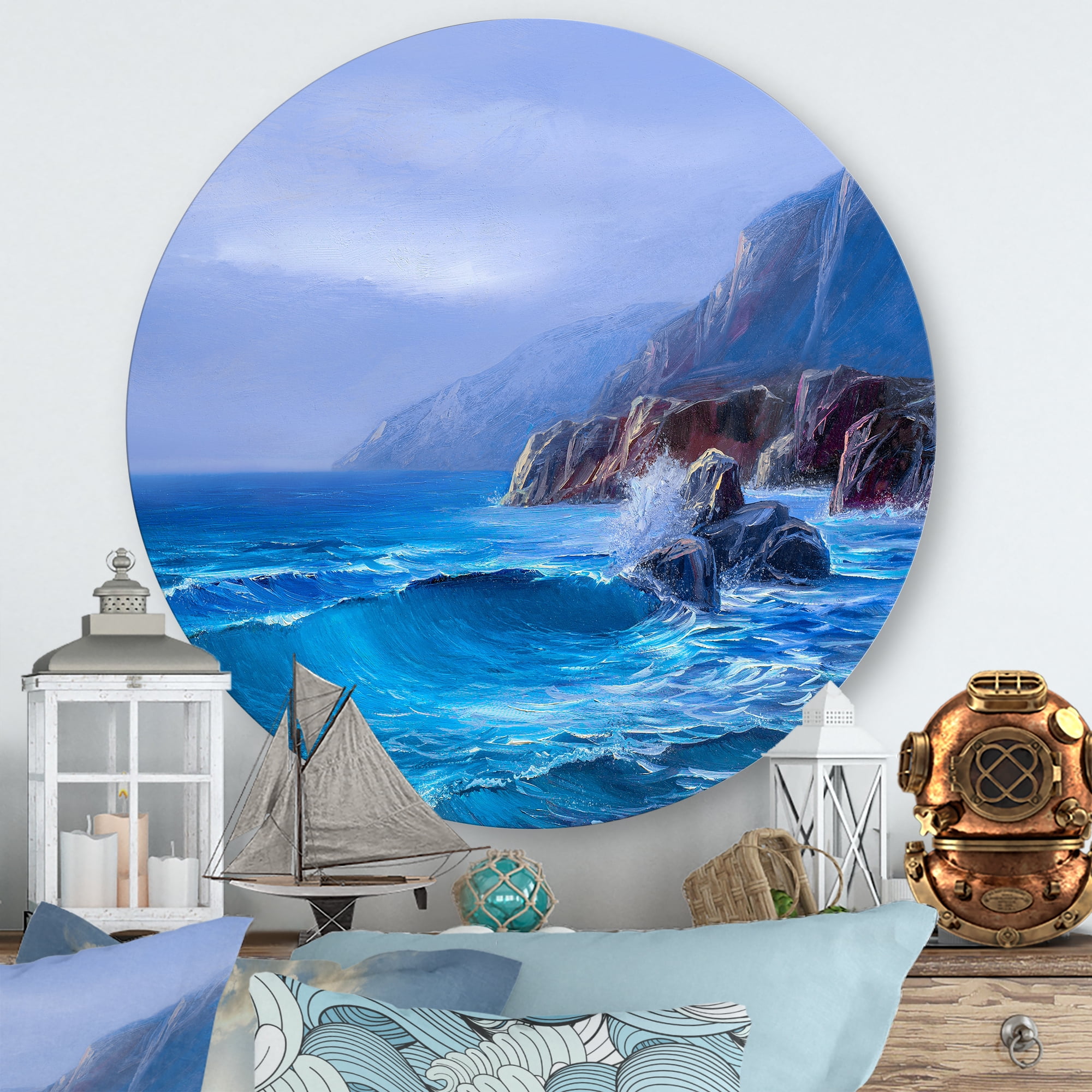 Designart 'Sunrise Glow On Sea Wave Paints On A Canvas' Nautical & Coastal Circle Metal Wall Art 23x23 - Disc of 23
