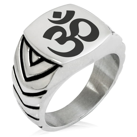Tioneer Stainless Steel Sacred Sanskrit Om Chevron Pattern Biker Style Polished Ring