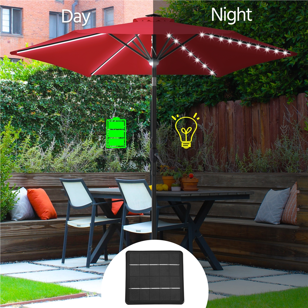 Renwick 9Ft Outdoor Patio Umbrella with Solar Powered LED Lights Strips, Red