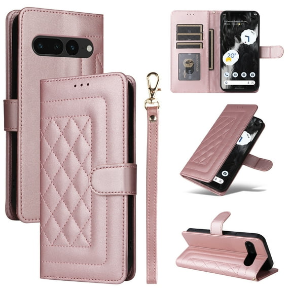 for Google Pixel 7 Pro Wallet Flip Case, Classic PU Leather Card Slots with Lanyard Magnetic Closure Kickstand Drop Protective Soft TPU Inner Case for Google Pixel 7 Pro, Rosegold