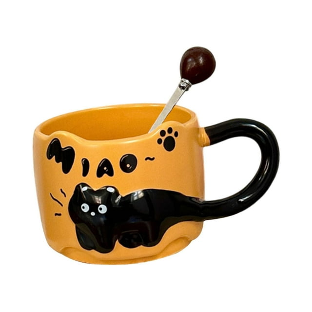 Taza de café de cerámica con diseño de gato en relieve, creativa, reutilizable, para bebidas frías y calientes. Naranja