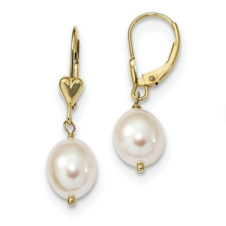 14k Yellow Gold 8mm White Rice Freshwater Cultured Pearl Heart Leverback Earrings Lever Back Drop Dangle Gifts For Women For Her