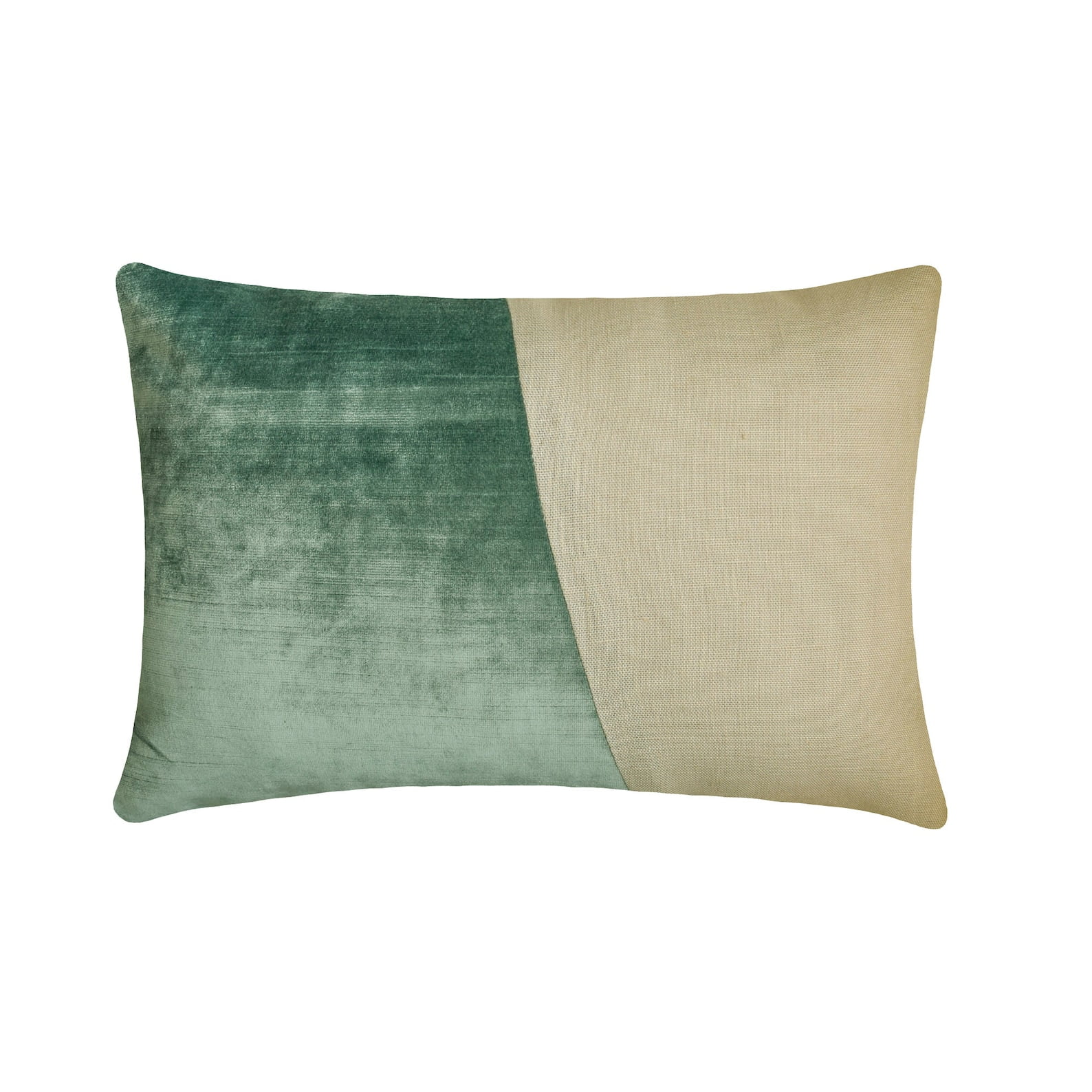 Decorative Aqua Blue 12"x20" (30x50 cm) Lumbar Pillow Cover, Velvet & Linen Solid Color Block Oblong Pillow, Patchwork Pattern Modern Style - Velutinous Aqua