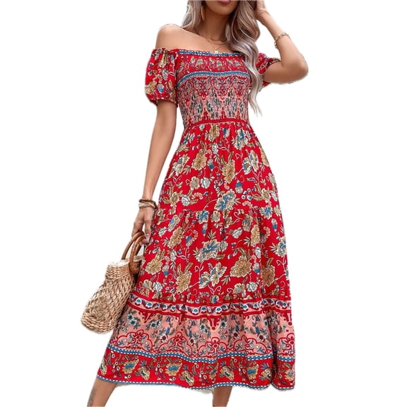 Women's Floral Off Shoulder Smocked Midi Dress 100% viscose Lightweight Vacation Ready Feminine Everyday Dress