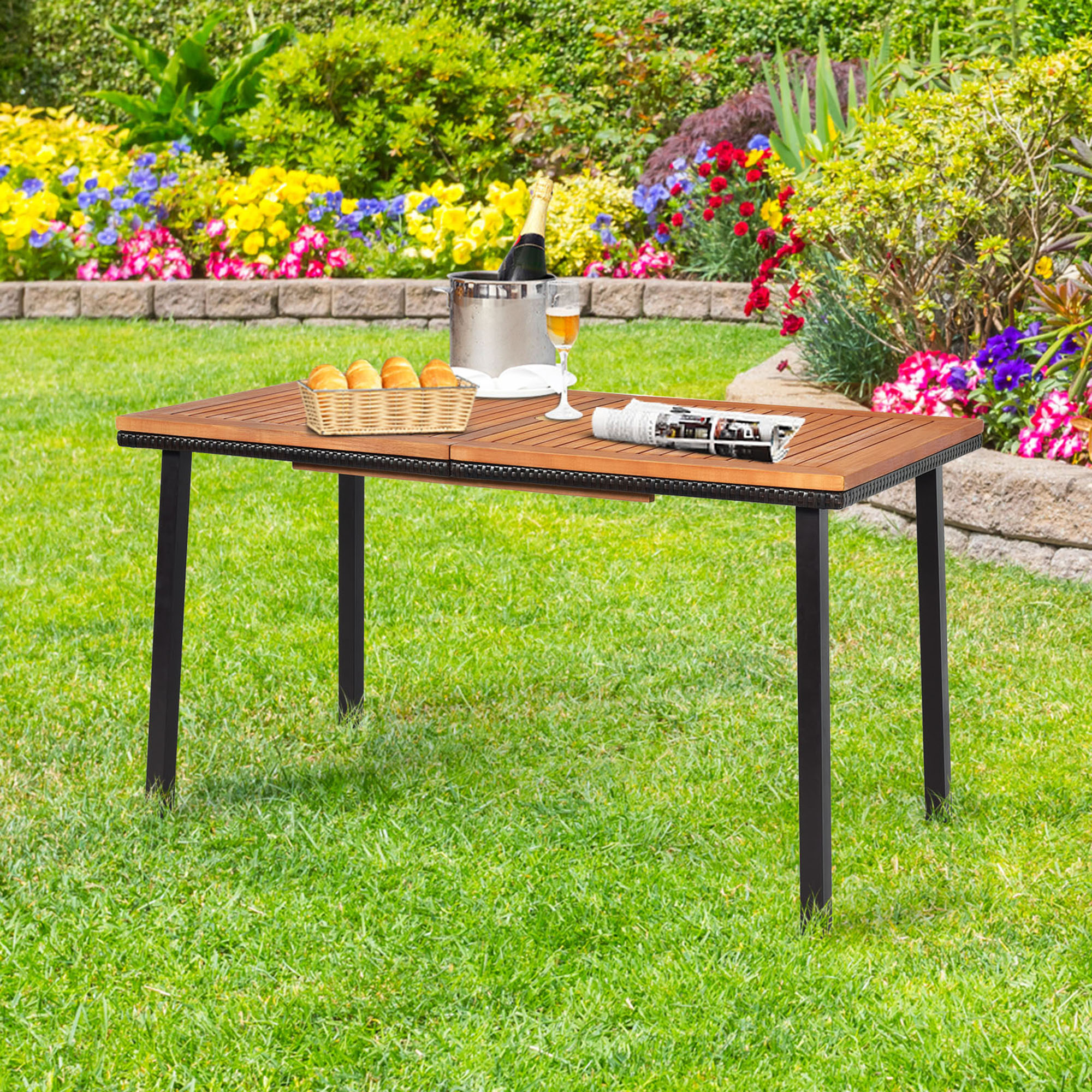 Gymax Rectangle Patio Outdoor Dining Table Acacia Wood Tabletop with 2" Umbrella Hole