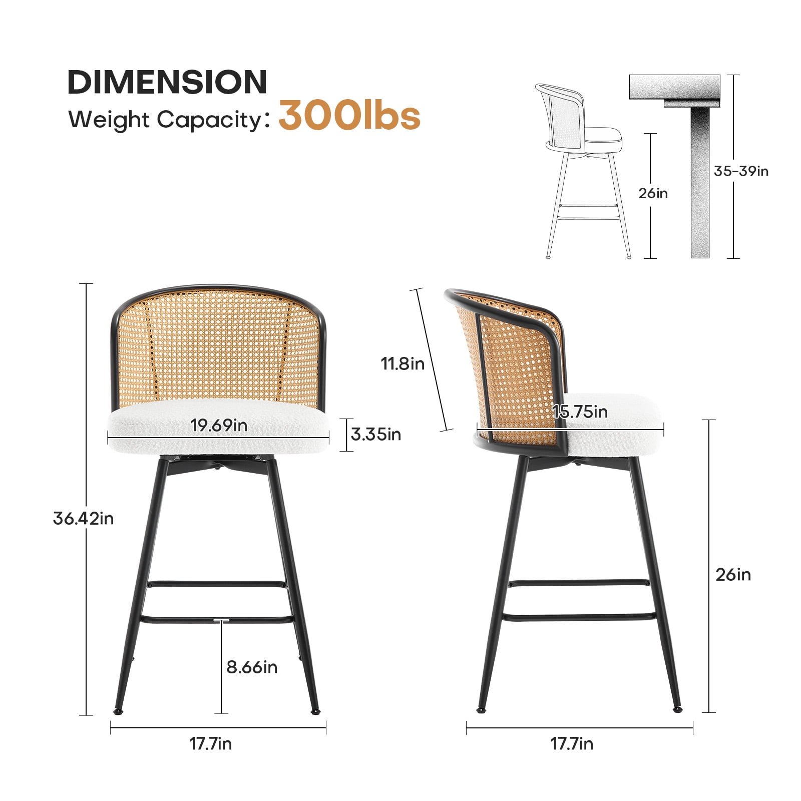 ANMINY Rattan Swivel Bar Stools Set of 4, 26" Counter Height with Rattan Back and Metal Legs, Mid-Century Modern Armless Boucle Fabric Barstools Seat, Upholstered Counter Stools for Kitchen Island