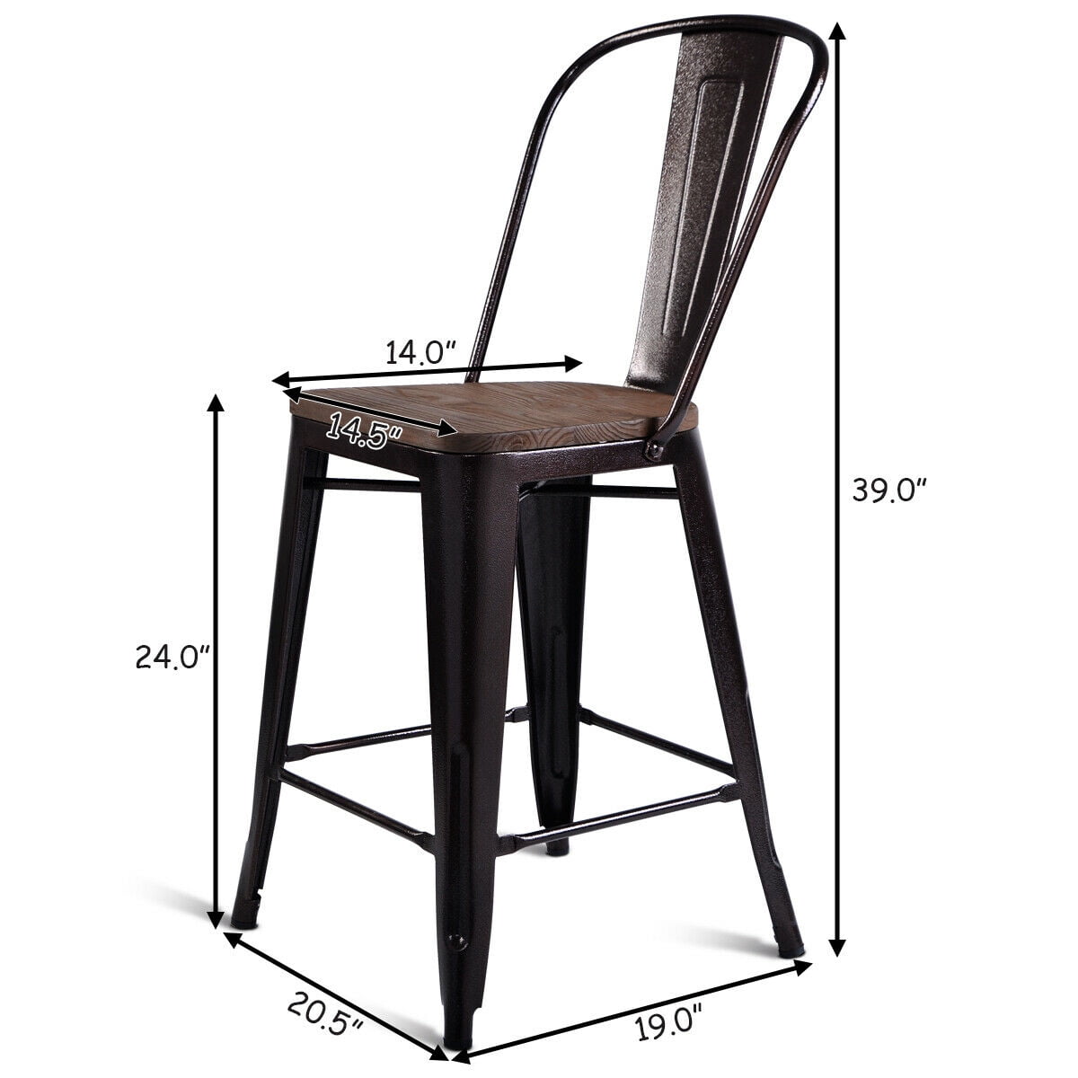 Costway Copper Set of 4 Metal Wood Counter Stool Kitchen Dining Bar Chairs Rustic Full Back