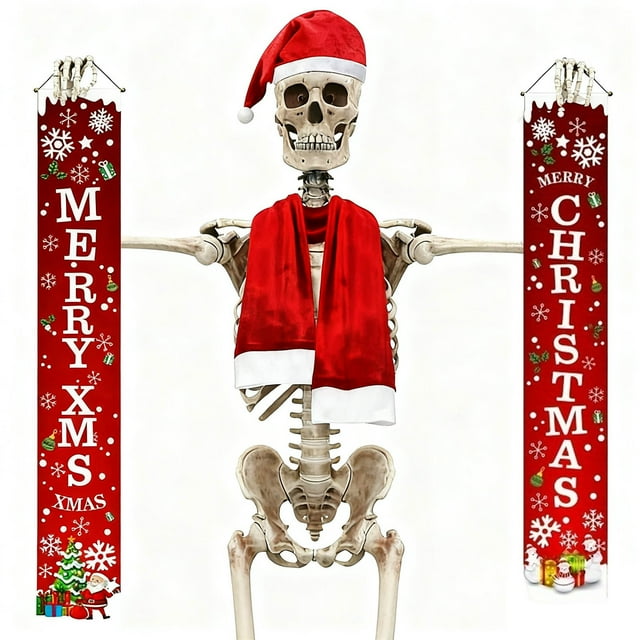 DPTALR 12 Foot Skeleton Christmas Outfits Scarf and Santa Hat with DrawstringAdhesive for Heavy Secure 12 FT Skeleton Accessories for Christmas Decorations 3PCS