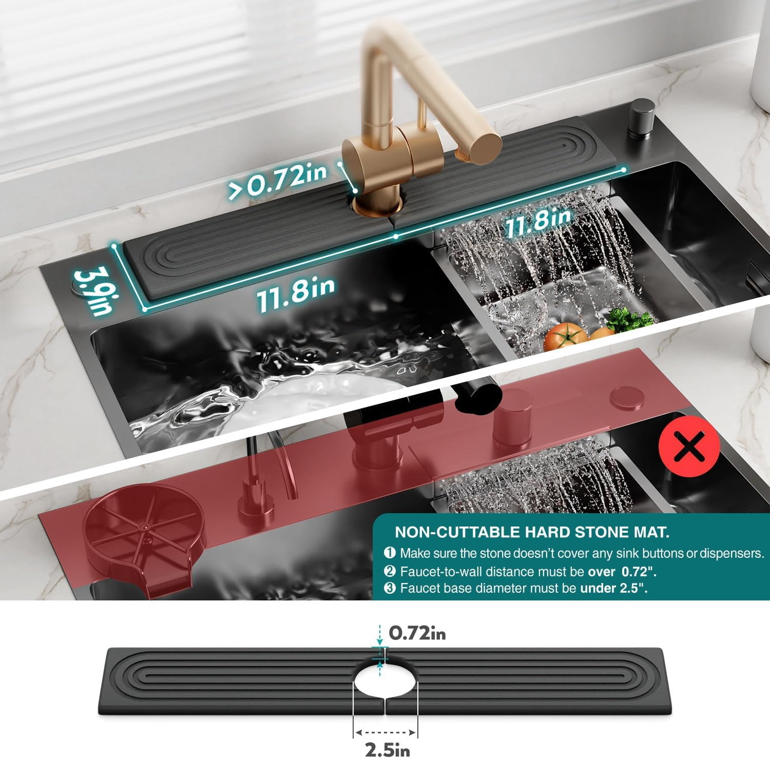 Diatomite Kitchen Sink Faucet Splash Guard – 23.6 Inch DryingNeat Stone Sink Tray, Mordern Faucet Handle Drip Catcher Stone, Absorbent Mat for Kitchen Counter [Dark Grey, 23.6"x 3.9"]