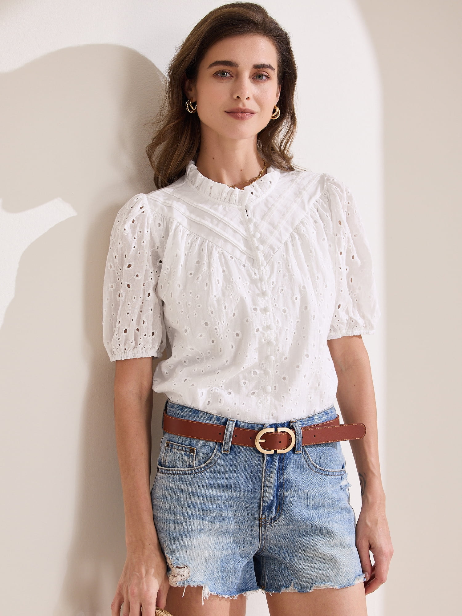 DARING DIVA Women's Crochet Hollow Out Ruffle Neck Peasant Blouse M White