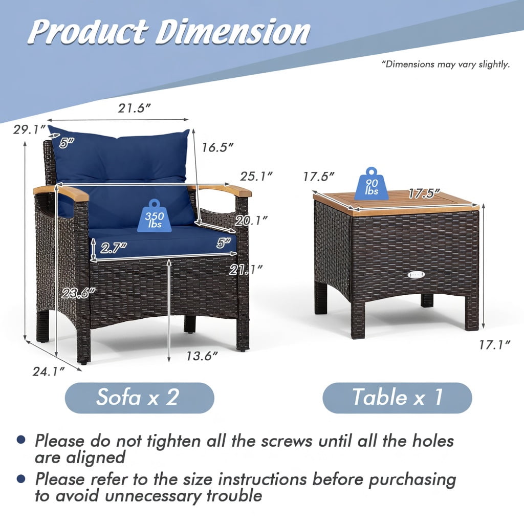 Hommoo 3-Piece Outdoor Rattan Patio Furniture Set, Steel Frame + Acacia Wood Coffee Table, Weather-Resistant PE Wicker Sofas, Navy