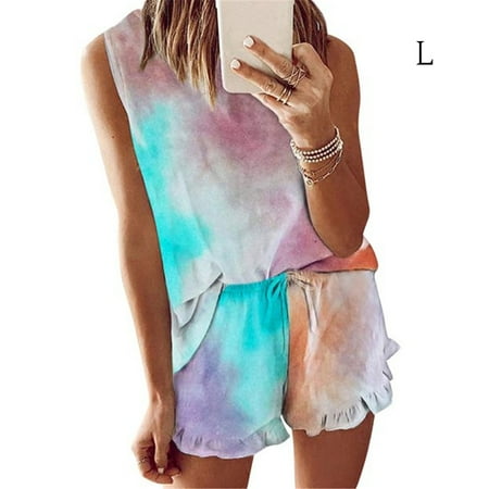 

ROBOT-GXG Women Sleepwear Set Tie-Dye Top Vest Shorts Nightwear Nightgown Camouflage L