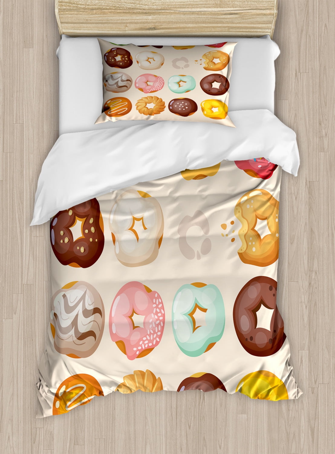 Donut Twin Size Duvet Cover Set, Different Kinds of Delicious Doughnuts