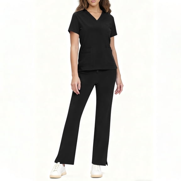 asdoklhq Plus Size Scrubs Cozy Fit Women Solid Color Loose Drawstring Pants Pocket Caregiver Short Sleeve V-Neck Blouses Nursing Uniform Set Black L