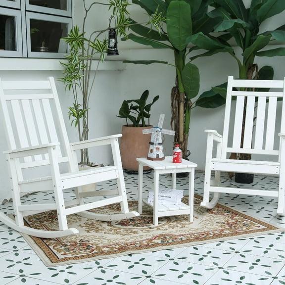 All Weather Rocking Chair Set with Side Table, 3-Piece Rocking Chair Set with Wood-Texture, White(includes 2 Rocking Chairs and 1 Table)