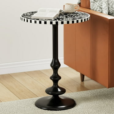 GDF Studio Modern Floral Pedestal Round End Table with Metal Base, Black White