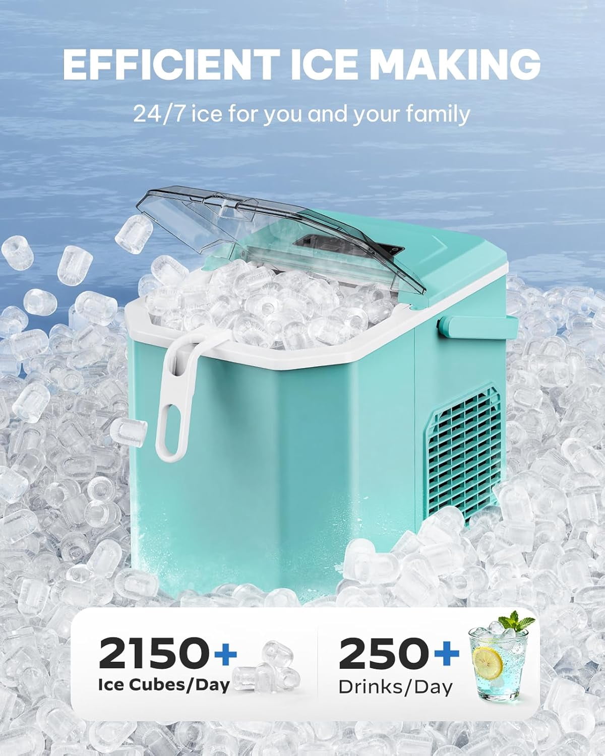 Ice Maker Countertop Machine with Handle, 26lbs in 24h, 9 Ice Cubes Ready in 6 Mins, Self-Cleaning Ice Makers with Basket and Scoop, Ideal for Home, Kitchen, Camping, RV